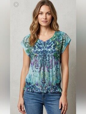 Energe PM, Boho, Medallion, Paisley, Sheer Mesh Back, Smocked Waist, Petite Larg